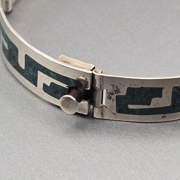 VTH Taxco Castaneda Sterling Silver Turquoise Bracelet 7" Aztec Geometric Inlay - Picture 4 of 10